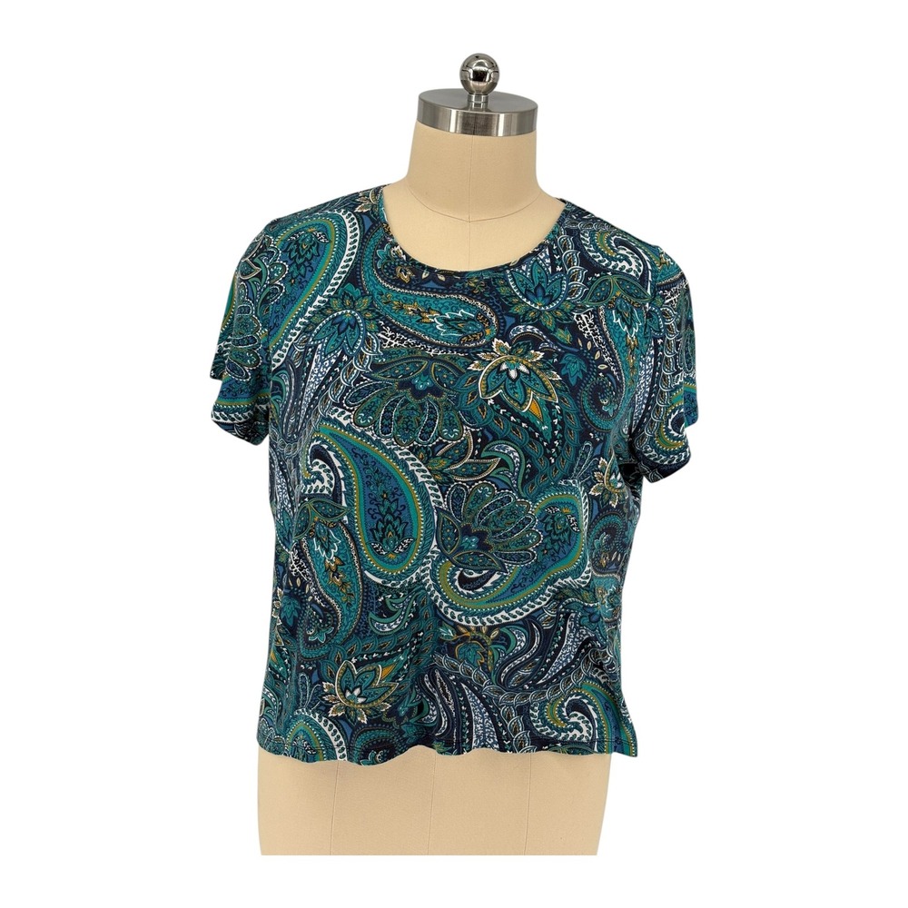 Croft & Barrow T-Shirt Teal Blue Paisley 100% Cotton 2X